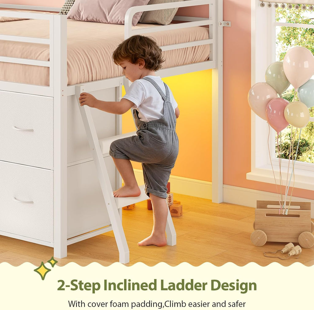 UPOSOJA Twin Size Low Loft Bed with RGB Lights & Play Zone, 8 XL Drawers, Kids Play Loft with 2-Step Ladder & Anti-Tip Kit (White)