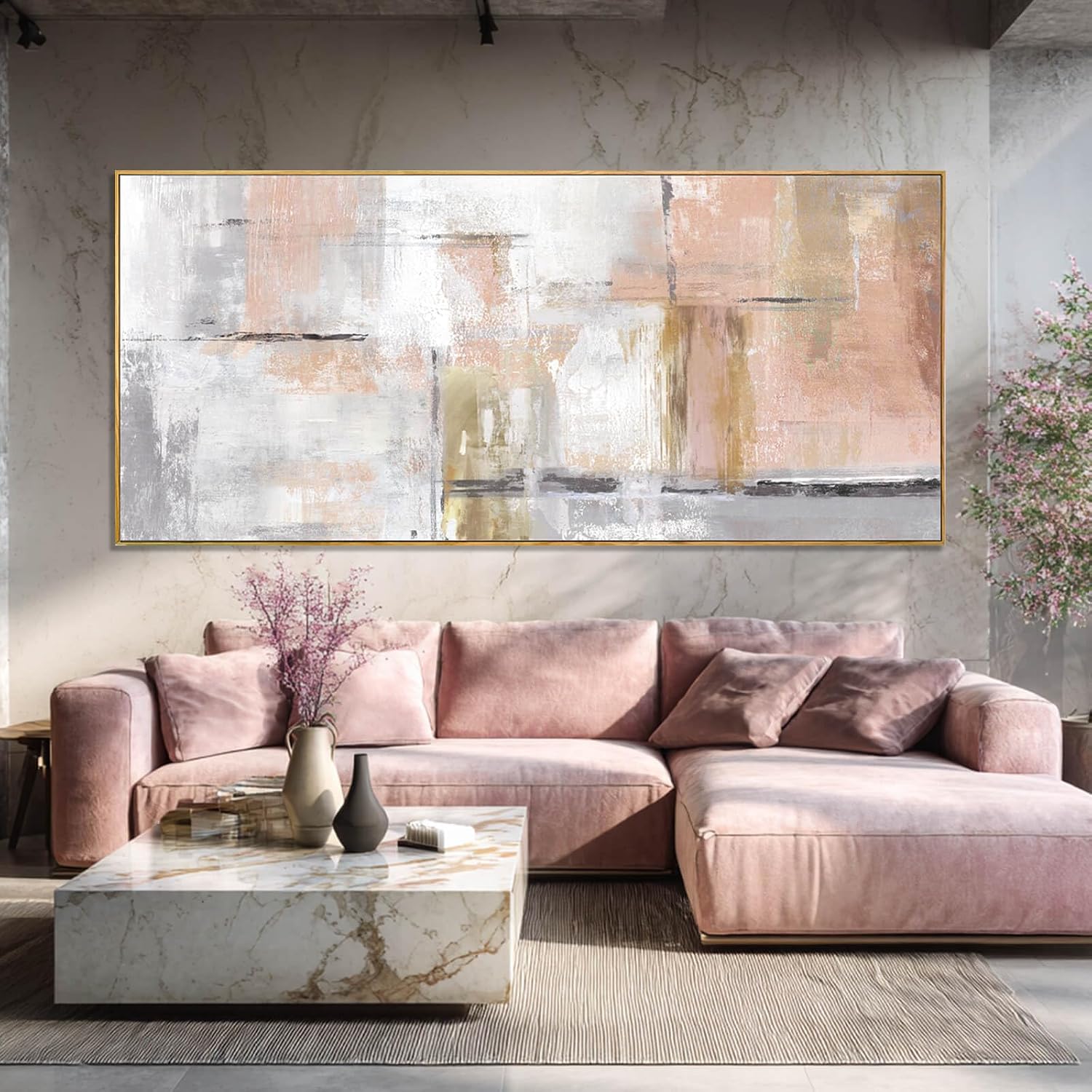 SOUGUAN Contemporary Home Wall Decor Pink and White Canvas Painting Abstract Wall Art 32'x70' Decorations for Bedroom Kitchen Artwork