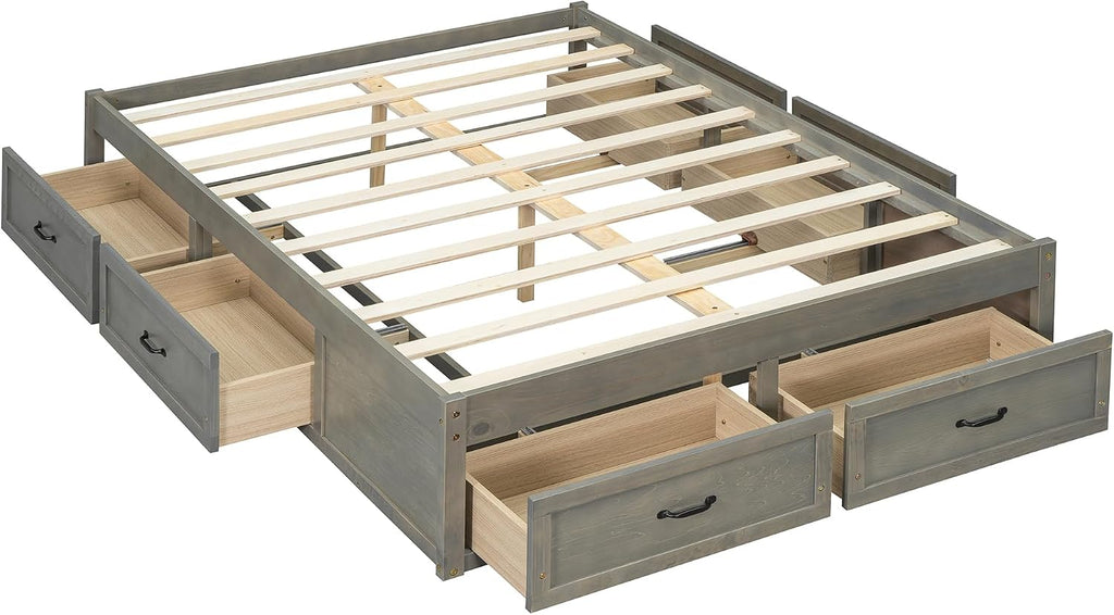 Full Size Wooden Platform Bed with 6 Storage Drawers, No Box Spring Needed (Antique Gray, Full)