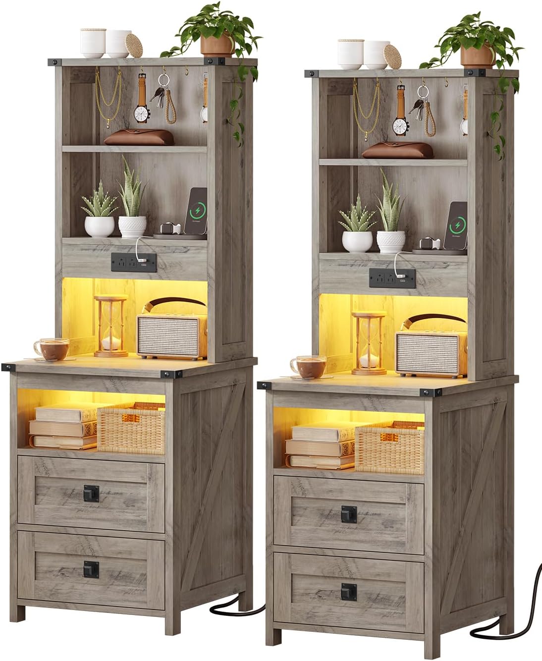 Farmhouse Tall Nightstand Set of 2 with Charging Station and 2 Drawers,Led Night Stand Set of 2 with Bookshelf,Bedside End Side Table with Storage Shelves for Bedroom, Grey