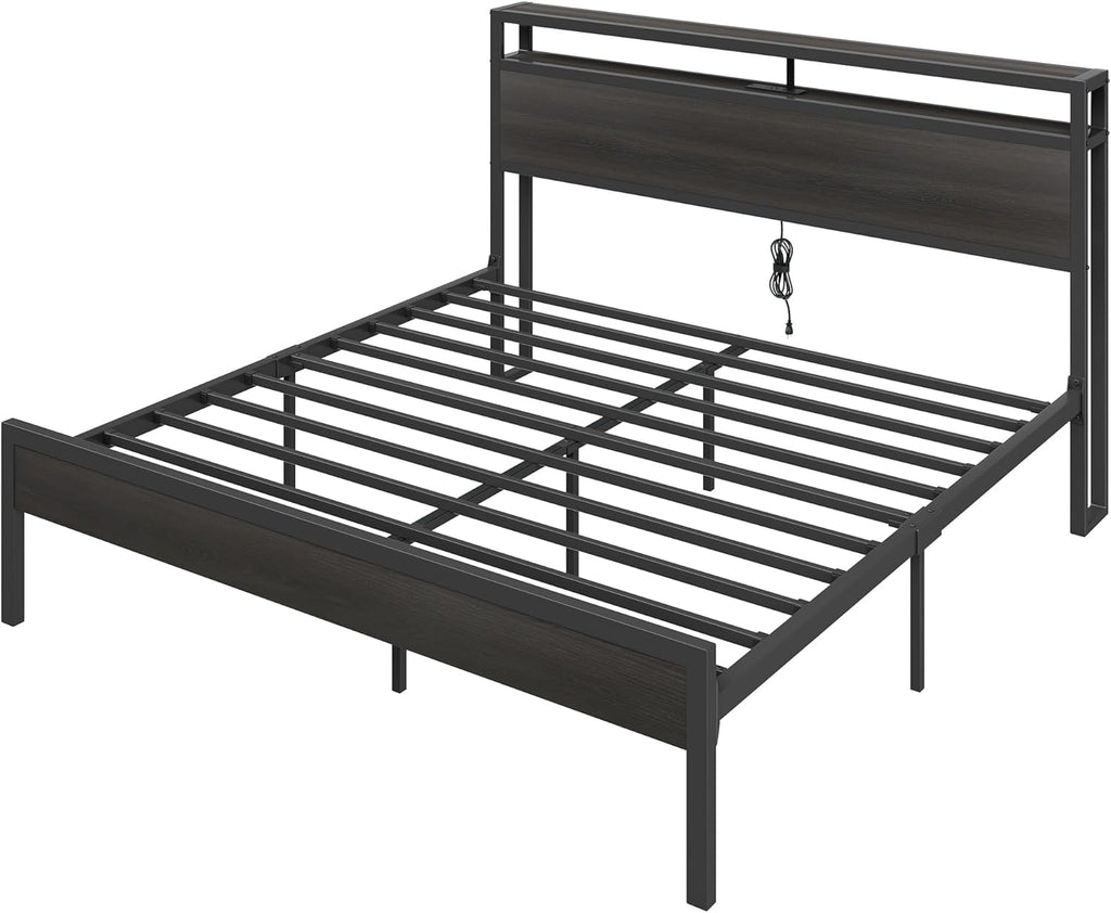 AMERLIFE King Size Bed Frame with Storage Headboard & Charging Station, Industrial Metal Platform Bed with Large Under-Bed Storage, Heavy Duty Slats, No Box Spring Needed, Black