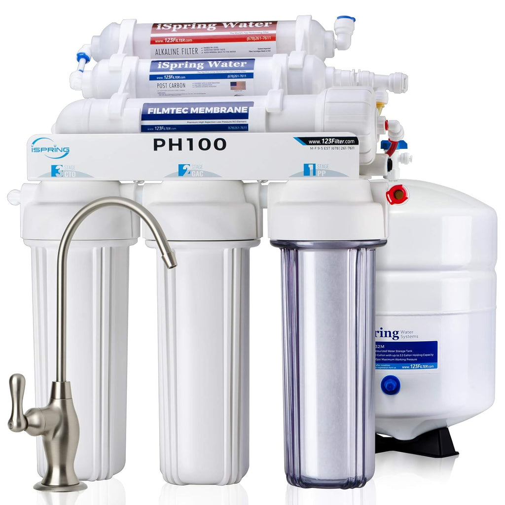 iSpring PH100 Alkaline Reverse Osmosis Water Filter System, pH+ Remineralization 6-Stage Under Sink RO Drinking Water Filtration System 100 GPD Fast Flow 1:1 Pure to Waste Ratio, US Made Filters