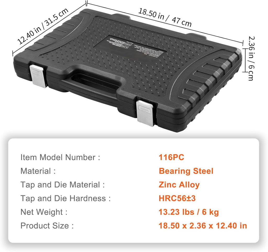 Happybuy 116-Piece Tap and Die Set, Metric & SAE, Bearing Steel Taps & Dies, Threading Tool for External & Internal Threads, Accessories & Storage Case