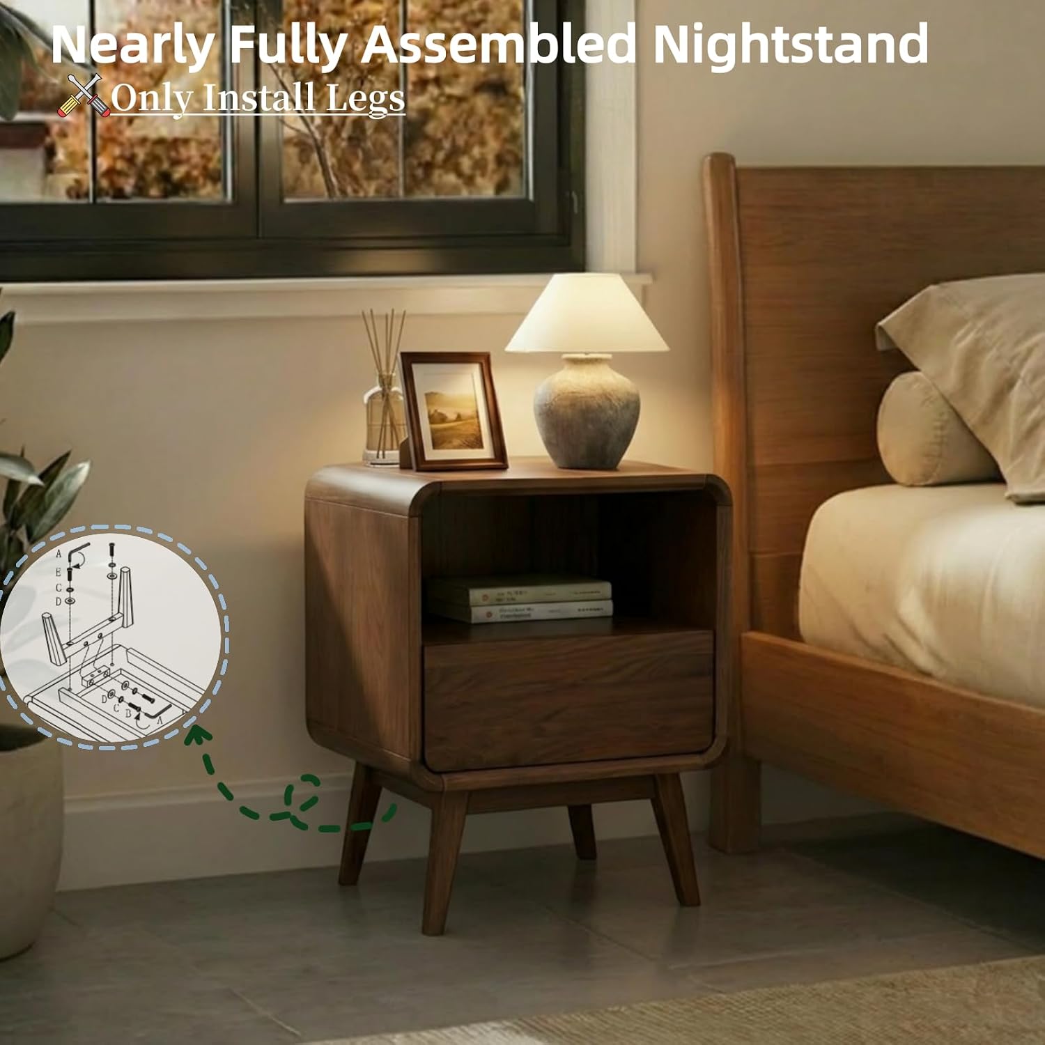 100% Solid Wood Nightstand, Walnut Night Stand with Drawer and Open Shelf, Mid Century Nightstand, Wooden Nightstands, Small Nightstands for Small Spaces Bedroom(Dark Black Walnut, 20.47' H)