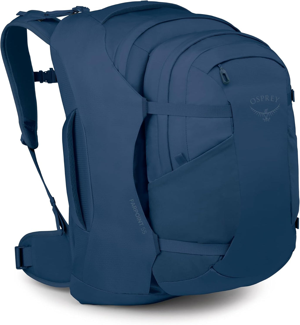 Osprey Farpoint 55L Men's Travel Backpack - Carry On Bag with Personal Item Sized Detachable Daypack, Antique Blue