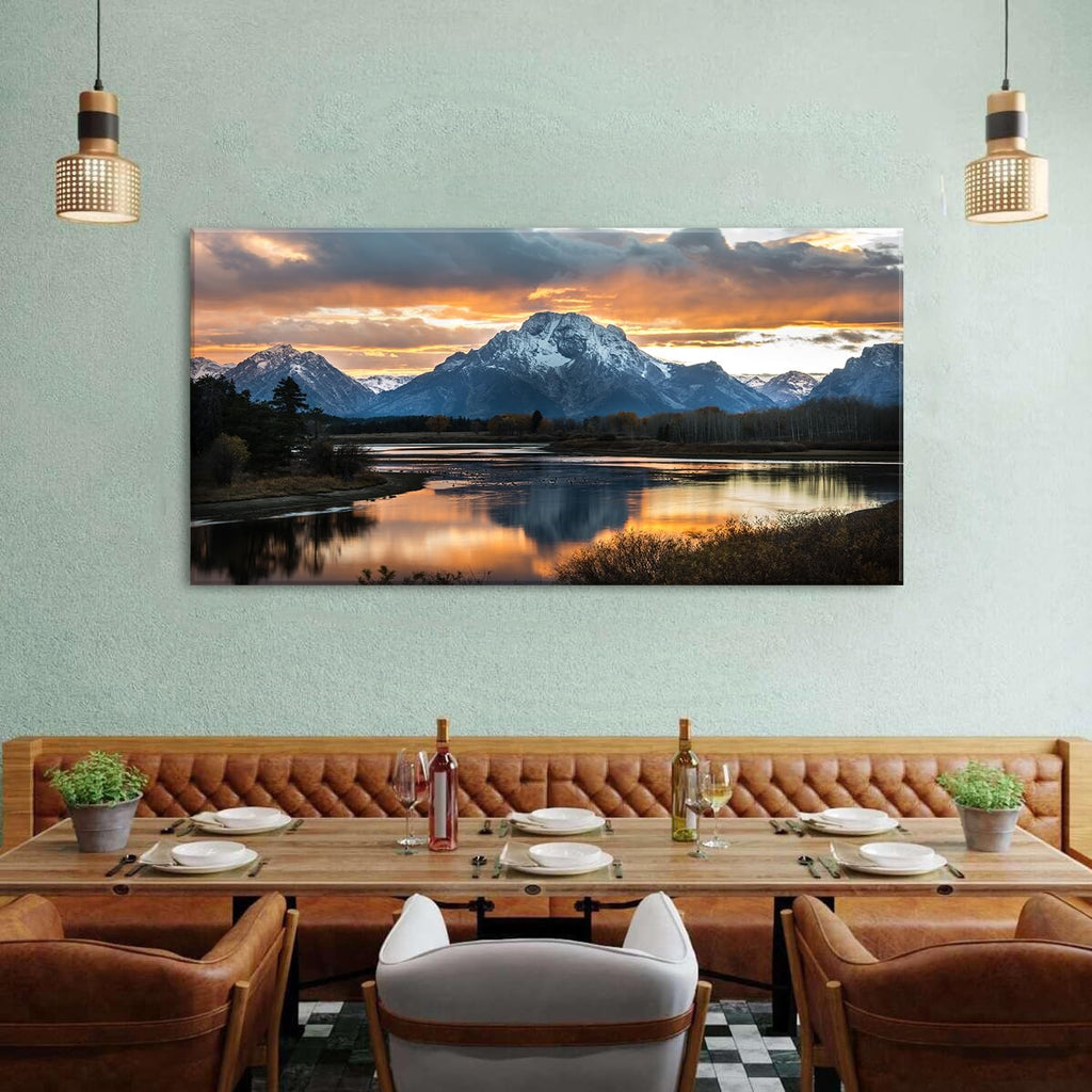 Large Mountain Wall Art for Living Room Sunset Nature National Park Posters Grand Teton Landscape Wall Decor Snake River Wyoming Scenery Canvas Prints Artwork for Bedroom Office Home Decoration 30x60'