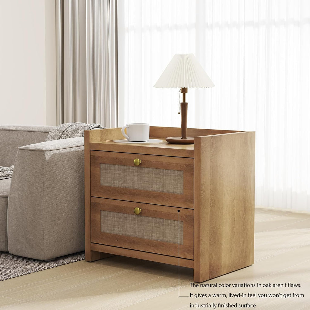LubanNese 23.6' Nightstand, Boho Wooden Bedside Table with Charging Station for Bedroom, Farmhouse Rustic Large Wide Night Stands with 2 Soft Close Drawers, Oak