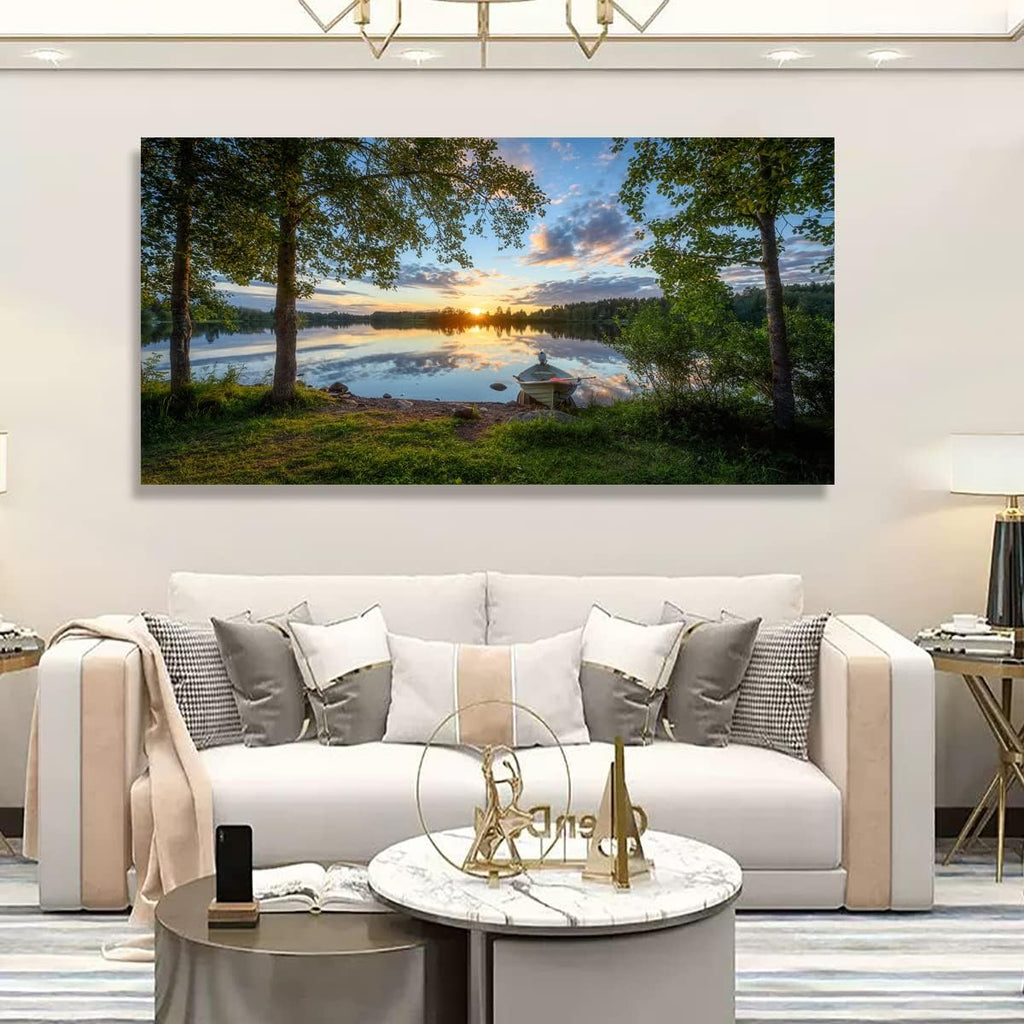 Tree Canvas Wall Art of a Sunrise Over a Forest Lake 28x57 inches Nature Inspired Painting Perfect for Wall Decoration in Living Room and Bedroom Trees and Landscape Picture Artwork Prints