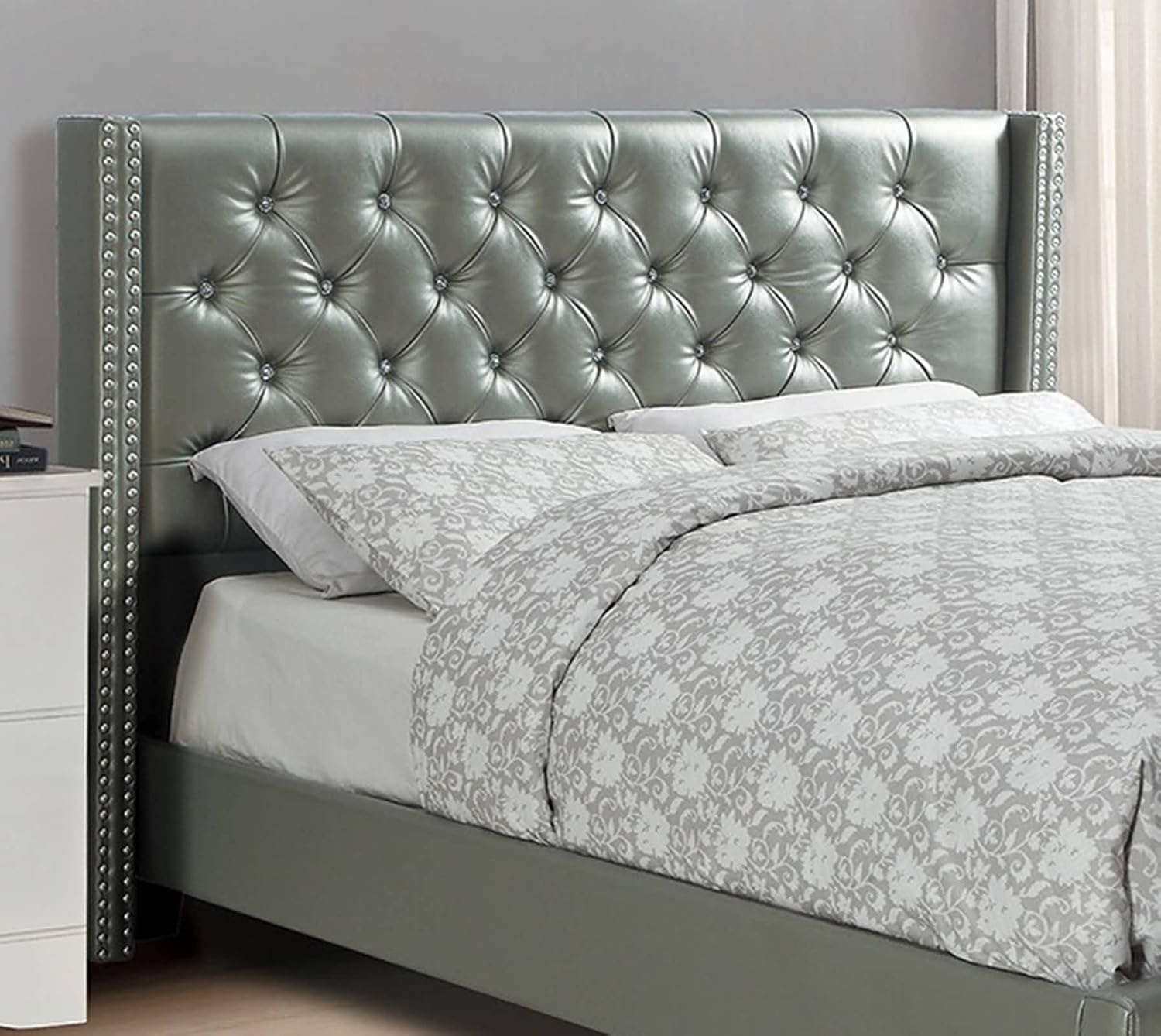 Full Bed Frame No Box Spring Needed | Full Size Bed 1Pc Bed Set Silver Faux Leather Upholstered Tufted Bed Frame Headboard Bedroom Furniture