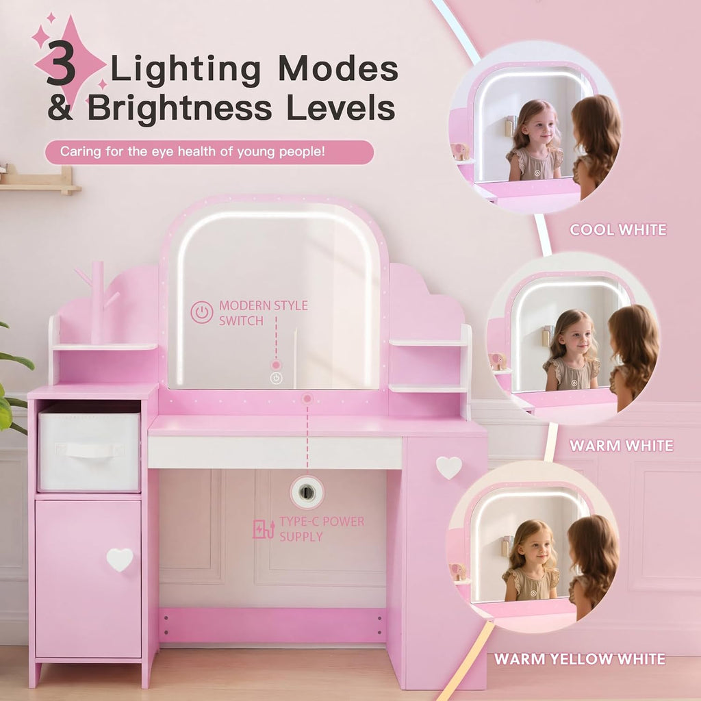 Frogprin Kids Vanity with Lights and Chair, Princess Makeup Vanity Desk with Mirror Bookshelf Storage Cabinet,3 in 1 Toddler Vanity Table,Makeup Dressing Table,Pretend Play Vanity for Little Girl-Pink