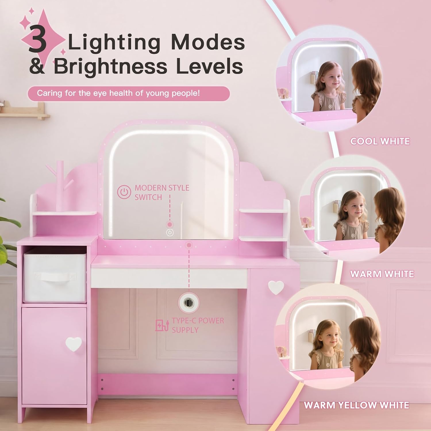 Frogprin Kids Vanity with Lights and Chair, Princess Makeup Vanity Desk with Mirror Bookshelf Storage Cabinet,3 in 1 Toddler Vanity Table,Makeup Dressing Table,Pretend Play Vanity for Little Girl-Pink