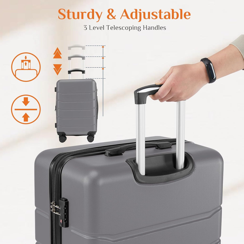 Sweetcrispy 3 Piece Luggage Set, ABS Hard Shell Carry On Suitcase with Smooth Spinner Wheels and TSA Lock, Lightweight Rolling Travel Luggage 20/24/28 Inch for Travel Business Vacation, Dark Grey