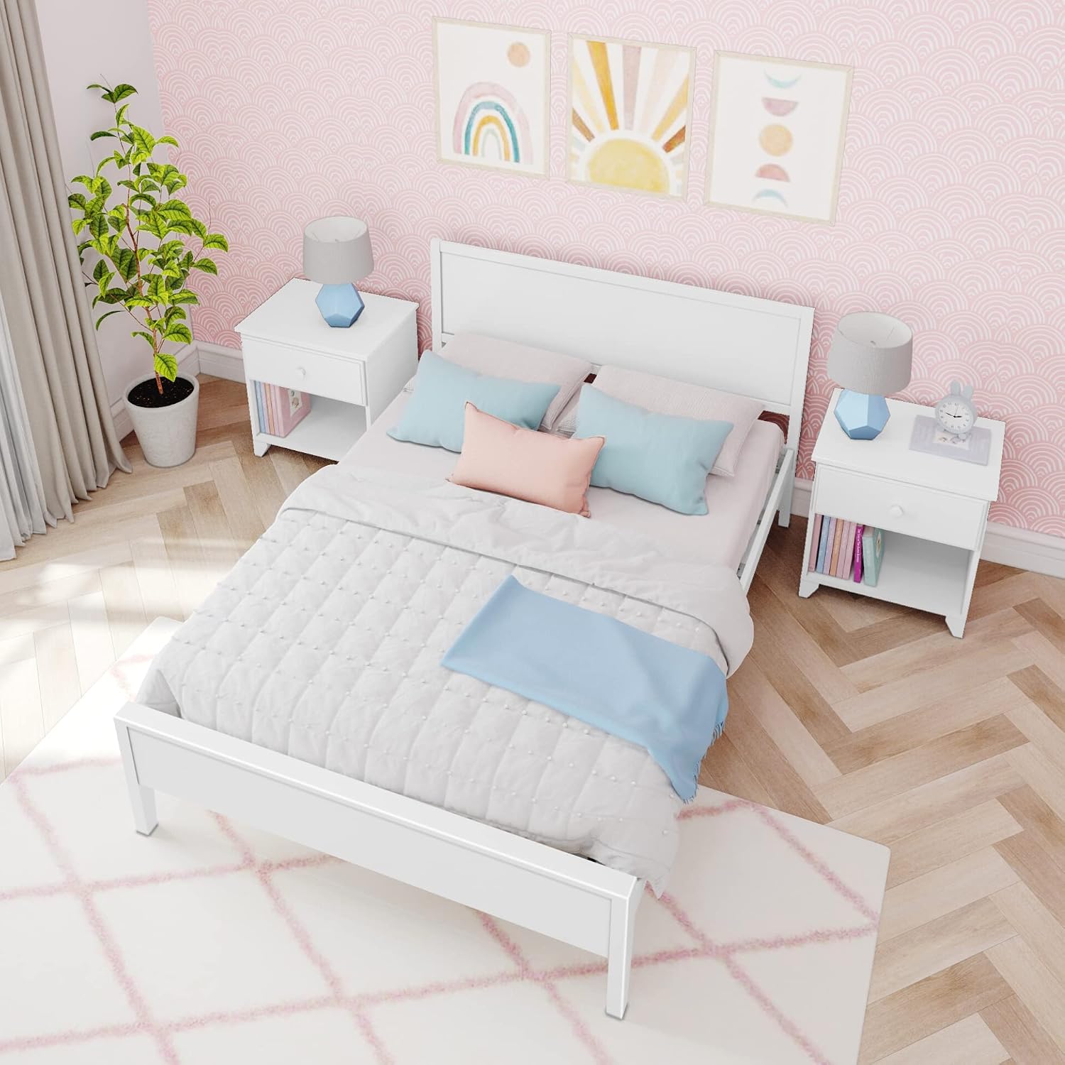 Max & Lily Full Bed, Solid Wood Full Bed Frame with Panel Headboard, Kids Full Bed with Wood Slat Support, No Box Spring Needed, White