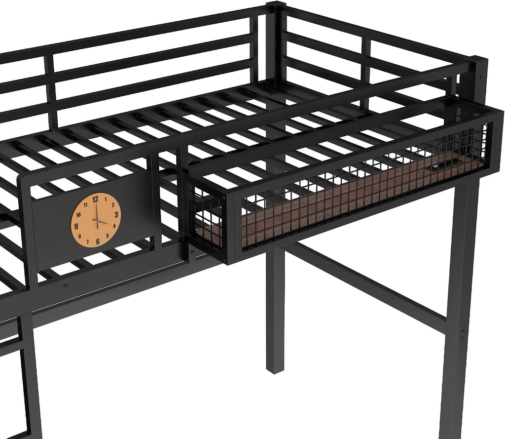 JIVOIT Twin XL Size Metal Loft Bed Frame with Desk, Bedside Storage Basket, Side Clock Design, Pegboard, 68' H Metal Loft Bed with Slats Support, No Spring Box Needed
