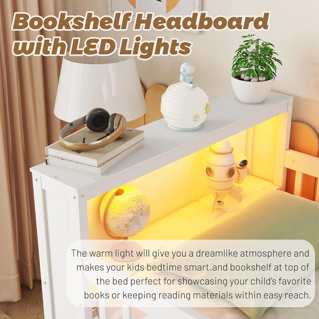 Twin Low Loft Bed with LED Lights, Loft Bed Frame for Kids with 2 Storage Drawers & Bookcase Headboard, Solid Wood Loft Beds with Stairs and Safety Guardrail for Junior Girls Boys (White)