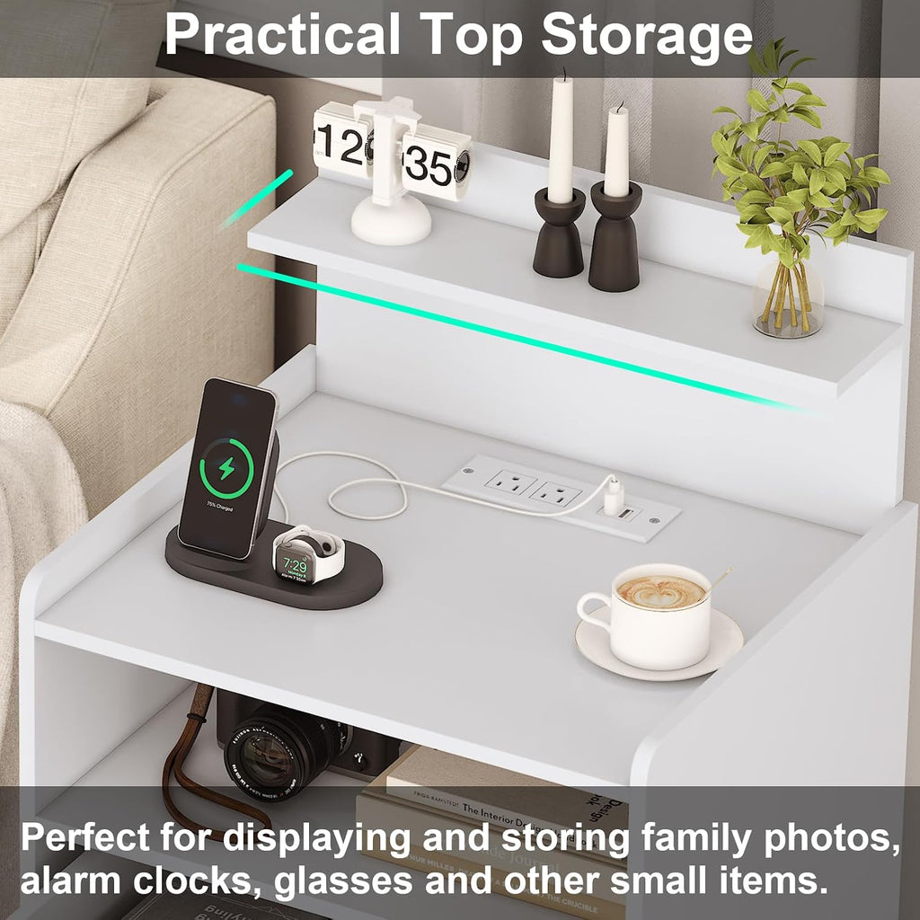 Nightstand Set of 2 with Charging Station and LED Lights, Bedside Table with 2 Drawers and Open Storage Shelf, 2 USB Ports and 2 AC Outlets, LED Night Stands for Bedroom Set of 2, White