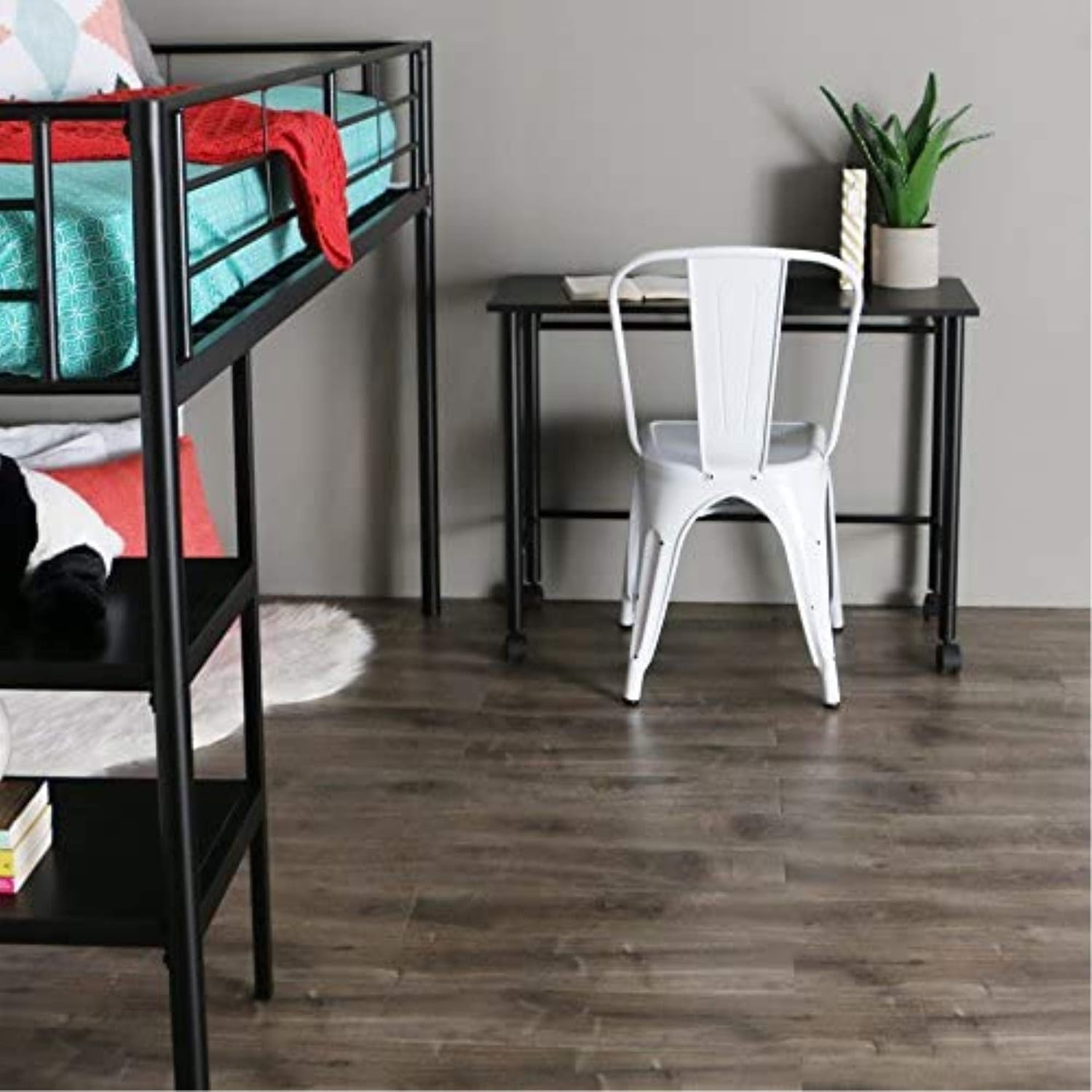 Walker Edison Metal Twin Low Loft Bunk Bed with Desk Bunk Bed Kids Bed Bedroom Storage Guard Rail Ladder, Twin, Black