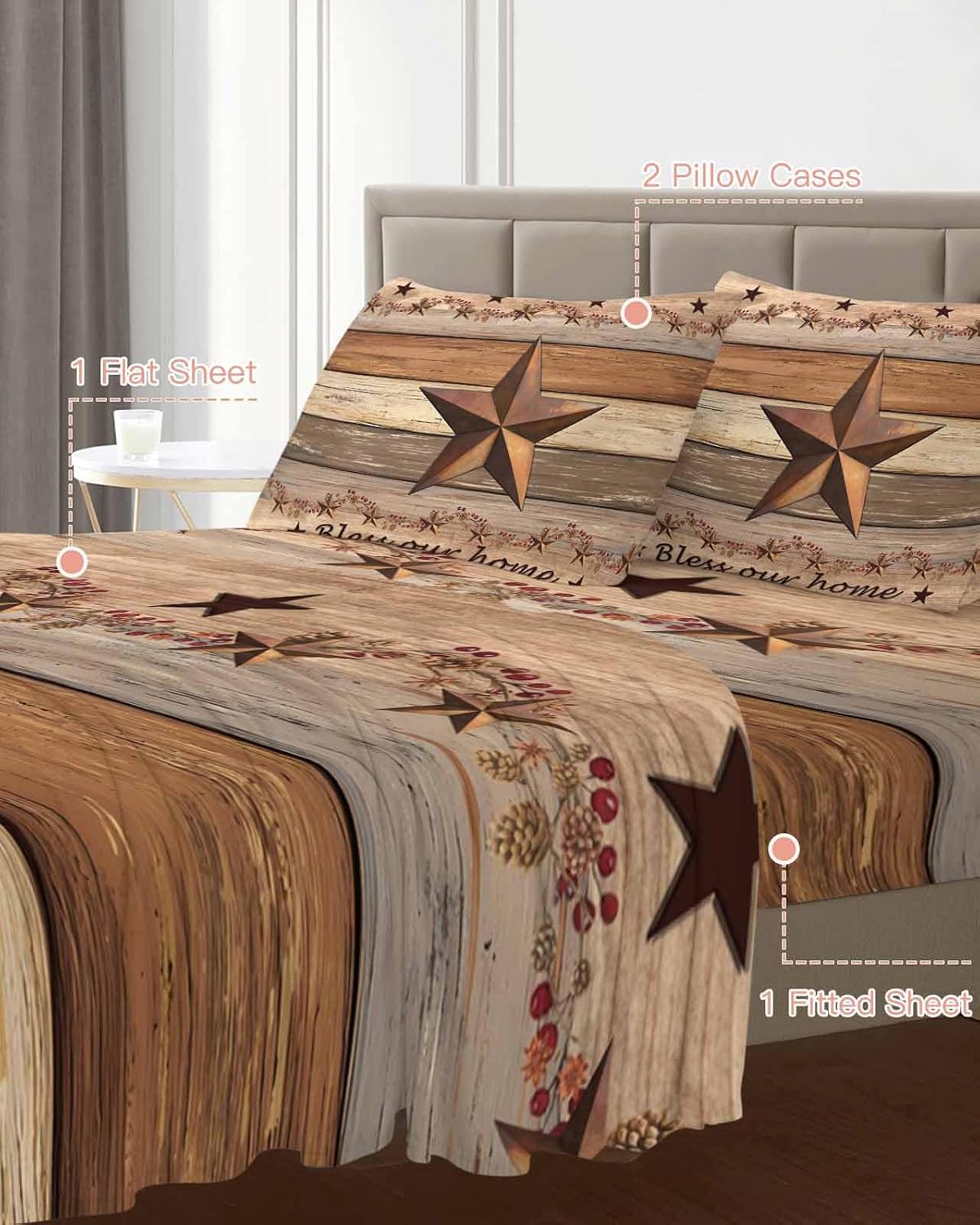 Western Texas Star Retro Cal King Sheet Set 4 Piece Bedding - Vintage Farmhouse Berry Brown Wood Breathable Comfy Cooling Bed Sheets & Pillowcase Sets, Hotel Flat Sheets Deep Pockets Fitted Sheet