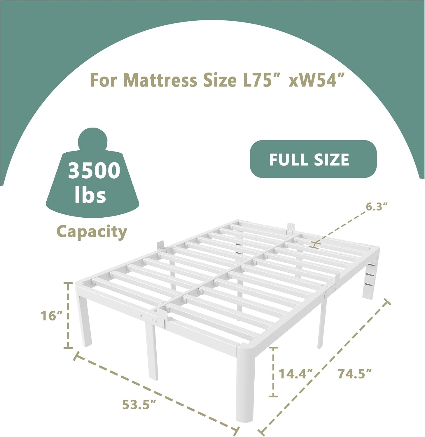 ITIMIDI 16 Inch Full White Bed Frames No Box Spring Needed, Metal Platform Bed Frame Full Size, Heavy Duty Steel Support 3500 LBS, Storage Space, Round Corner Legs, Noise Free, Easy Assembly