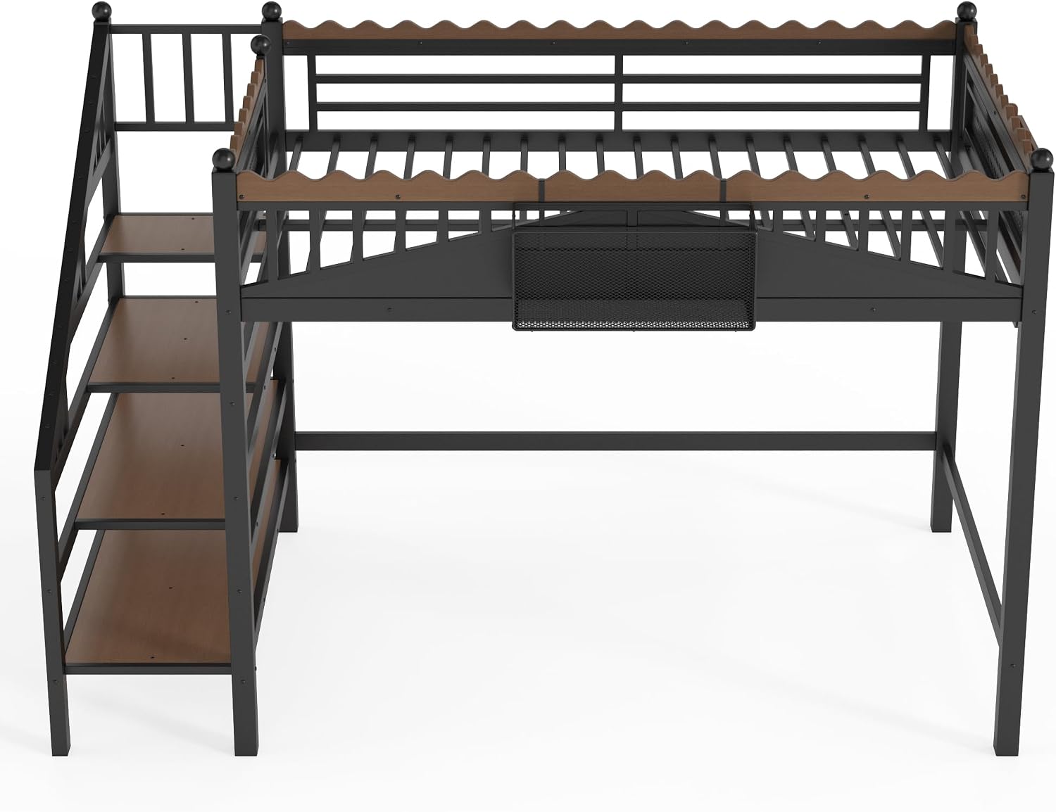 JIVOIT Full Size Metal Loft Bed Frame, Space-Saving Loft Bed with Storage Stairs, Storage Shelves and Bookshelf, Strong Support Slats, Perfect for Bedroom, Guest, Dorms