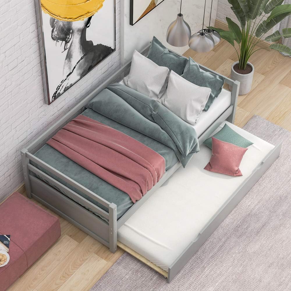 Twin Daybed with Trundle Frame Set in White, Solid Pine Wood Construction for Kids Room or Guest Bedroom (Gray + Pine + Bedroom)