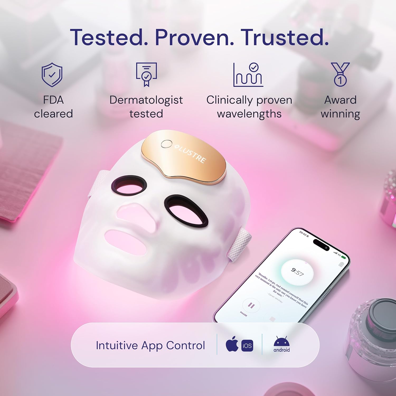 LED Face Mask Light Therapy for Acne & Anti-Aging Skincare | FDA-Cleared, Wireless & App-Controlled | Blue, Near-Infrared & Red Light Therapy Mask for Face - Lustre ClearSkin Renew Pro Facewear