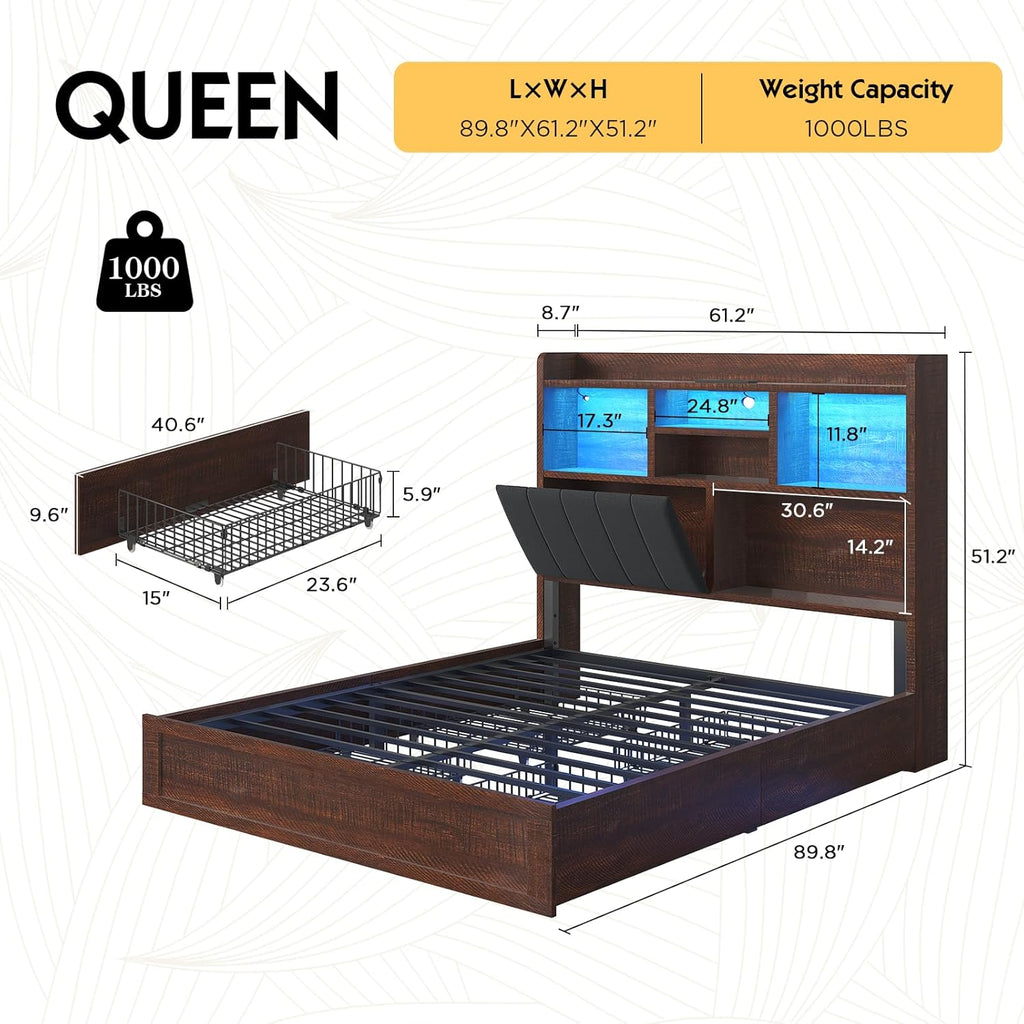 LUXOAK Queen Farmhouse Bed Frame with Bookcase Headboard and 4 Drawers, LED Storage Bed with Charging Station & Linen Upholstered, No Box Spring Needed, Reclaimed Barnwood