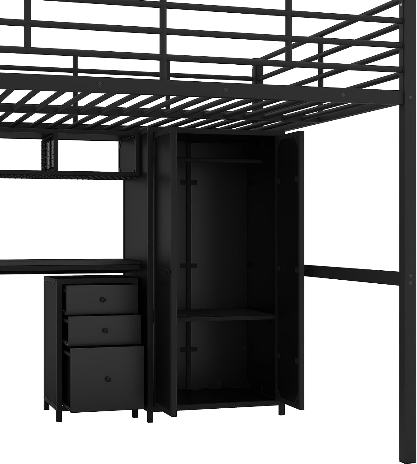 JIVOIT Metal Loft Bed Frame with Table Set, Full Size Storage Loft Bed with Wardrobe and 4-Layers Ladder, Full-Length Guardrails and Metal Slats Support, Space-Saving Bed Frame for Kids Teens