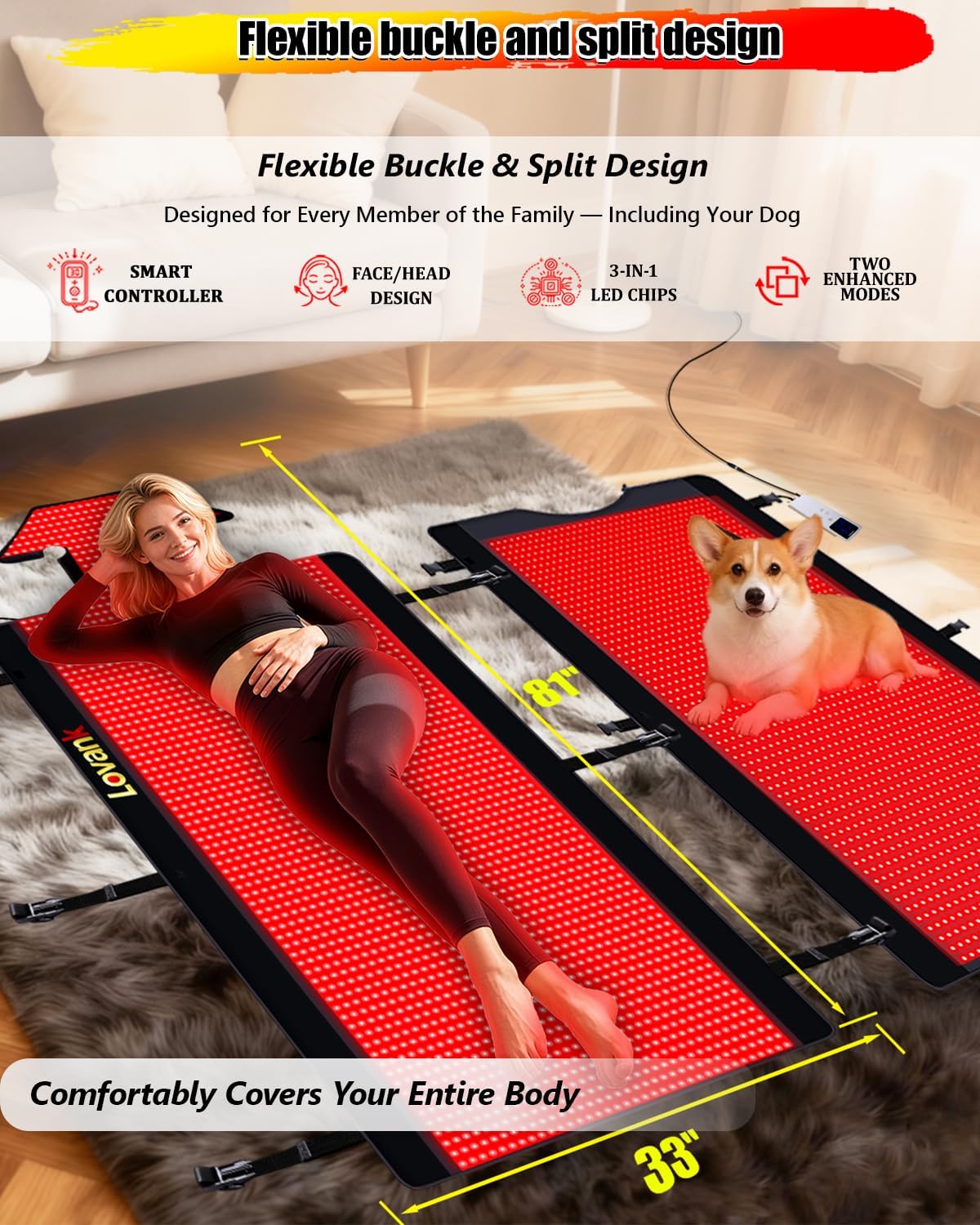 Red Light Therapy Mat for Full Body — 81'x33' Infrared Red Light Mat with 2,710 (660nm & 850nm) LEDs for Home Use
