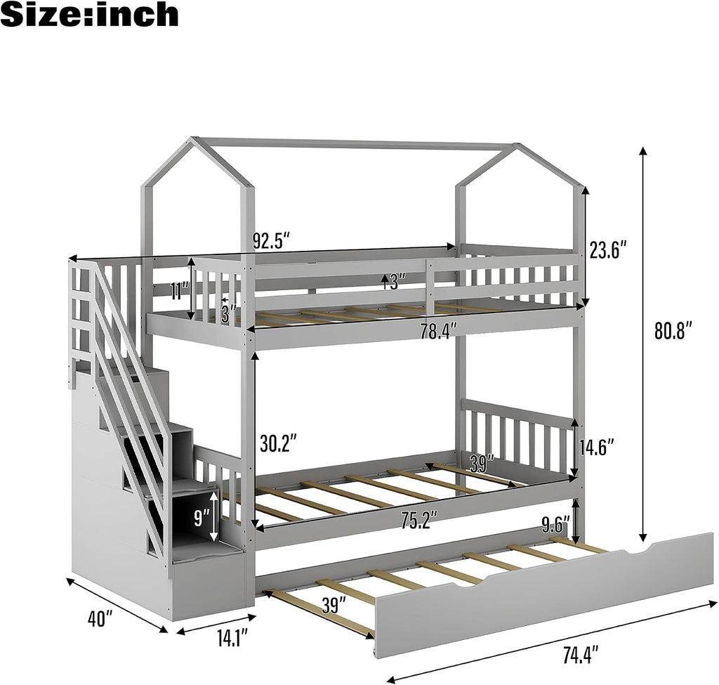 KLMM Twin Over Twin Bunk Bed for Kids Toddlers, House Bunk Bed Farm with Storage Steps and Trundle, Roof Guardrail for Girls/Boys, No Spring Box Required (Gray + Pine+Trundle)