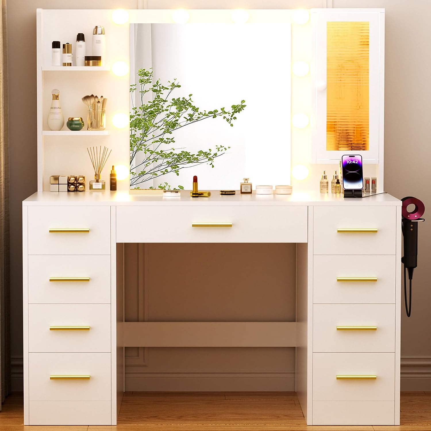 ERLEJIA Vanity Desk with Mirror and Lights, Large 43' White Makeup Vanity Desk with 9 Drawers and Power Outlet, 3 Open Shelves and 1 RGB Lighting Cabinet, White and Gold