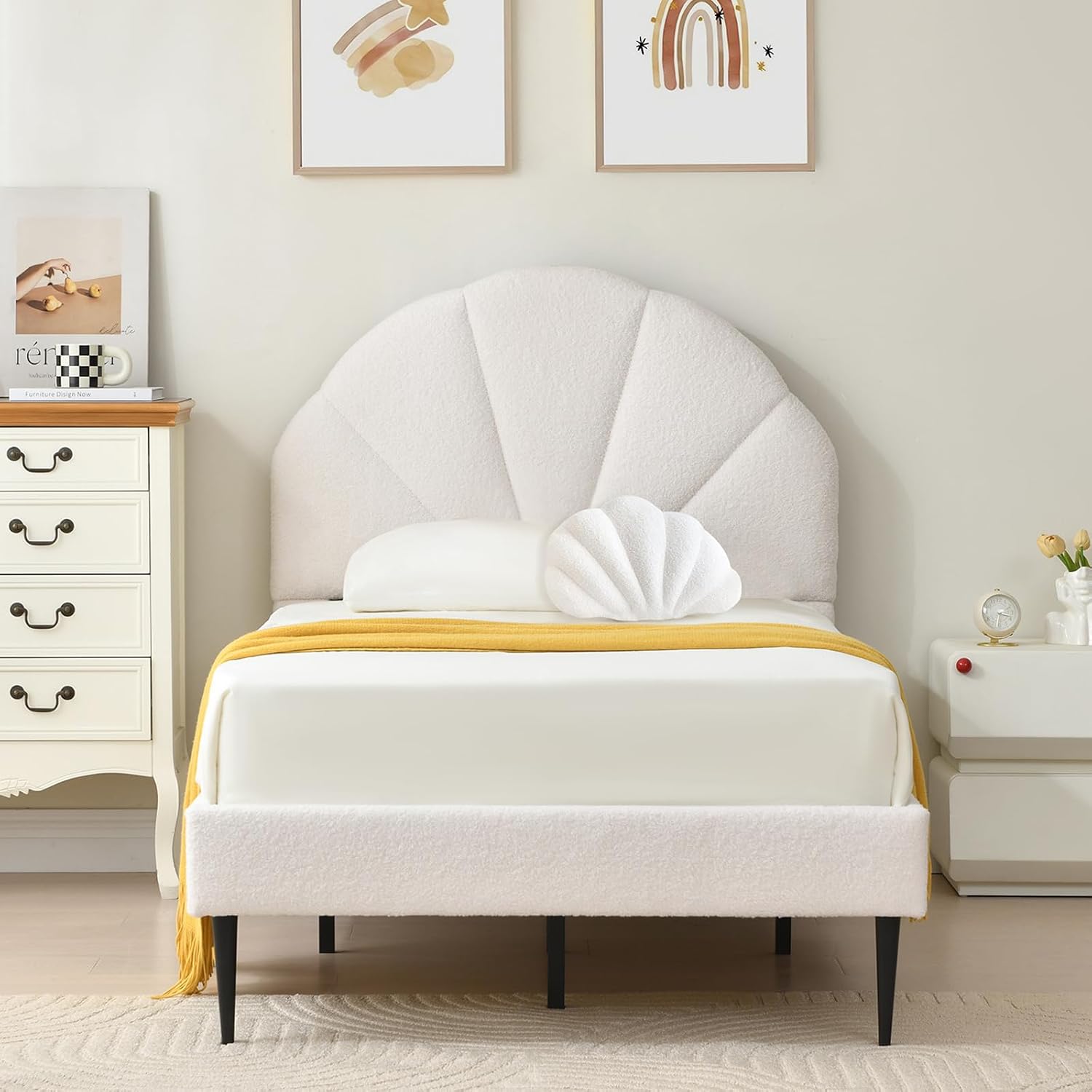 VELOCAVA Twin Size White Boucle Bed with Seashell Headboard, Upholstered Platform Girls Bed with Soft Rounded Corners, Wooden Slats Support, No Box Spring Needed, Easy Assembly