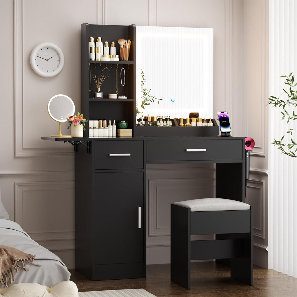 ERLEJIA Vanity Desk with Mirror and Lights & Extral Foldable Desk, 35.43' & 43.3' Makeup Vanity Table with Stool and Plug Outlet, 5 Drawers and Open Shelves Dressing Table for Bedroom,Black