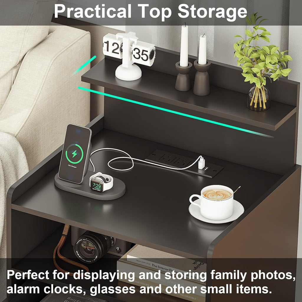 Nightstand Set of 2 with Charging Station and LED Lights, Bedside Table with 2 Drawers and Open Storage Shelf, 2 USB Ports and 2 AC Outlets, LED Night Stands for Bedroom Set of 2, Black