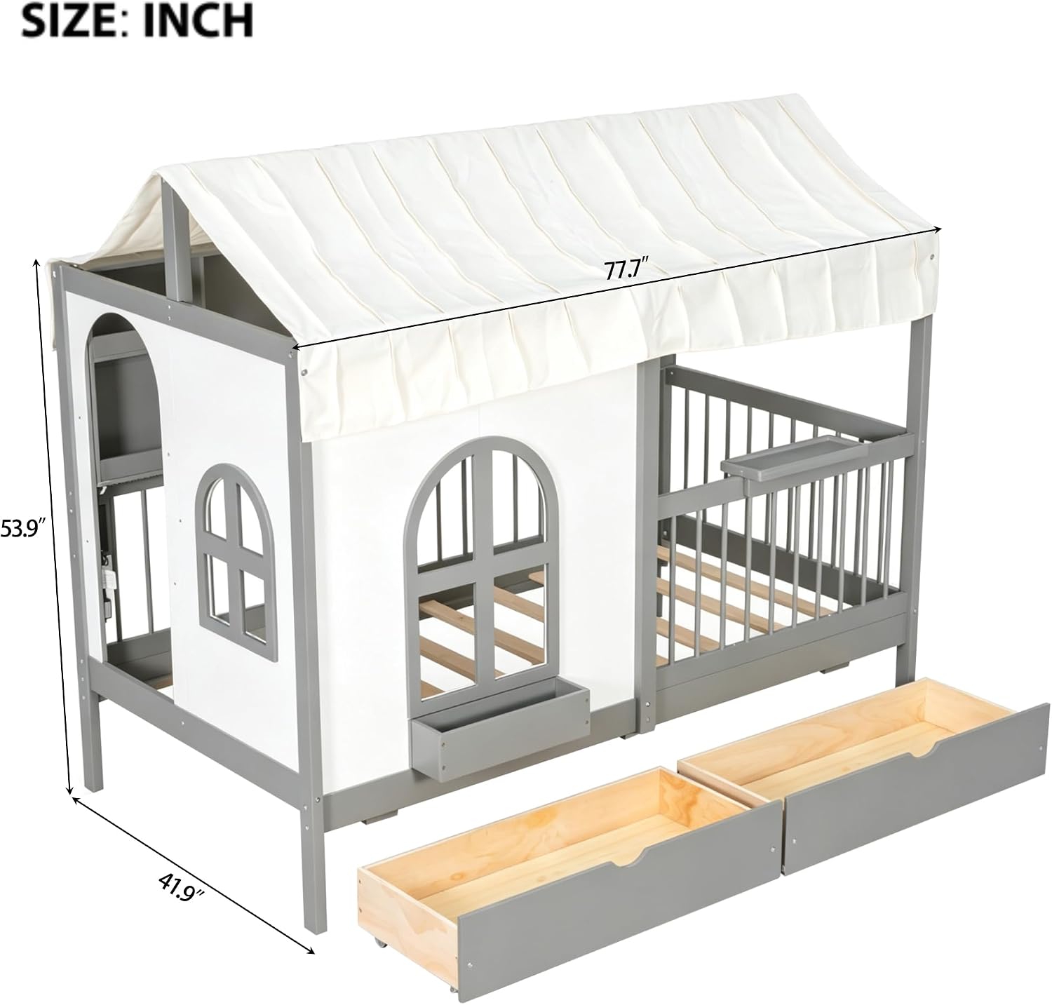 Polibi Twin Size House Bed with 2 Large Drawers, Side Bookshelf with LED Strip, Built-in Charging Board & Soft Tent, Gray Wooden Kids House Bed with Ultra-High Guardrails for Safe Sleep
