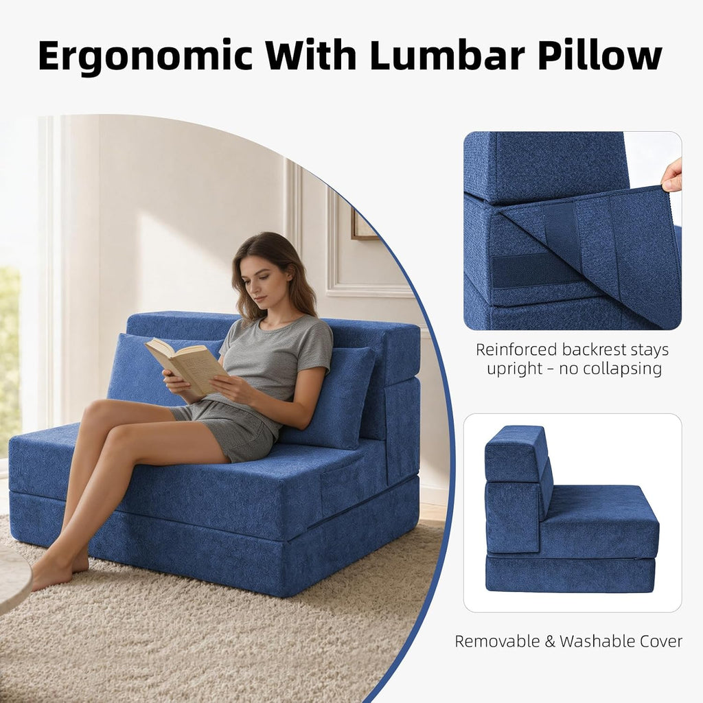 Folding Sofa Bed, Convertible Sleeper Chair with Pillow, Loveseat Fold Out Chair Bed, Memory Foam Floor Couch Mattress, Foldable Futon Couch Lounge for Living Room Guest (Blue, Twin XL)