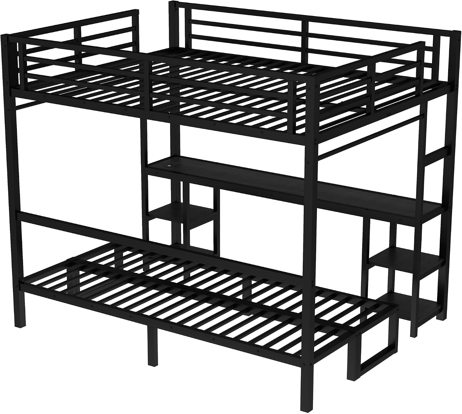 JIVOIT Queen Over Twin XL Metal Bunk Bed/Loft Bed, Multi-Functional Folding Design with Desk and Shelves, Multiple Uses Folds into Sofa, No Box Spring Needed