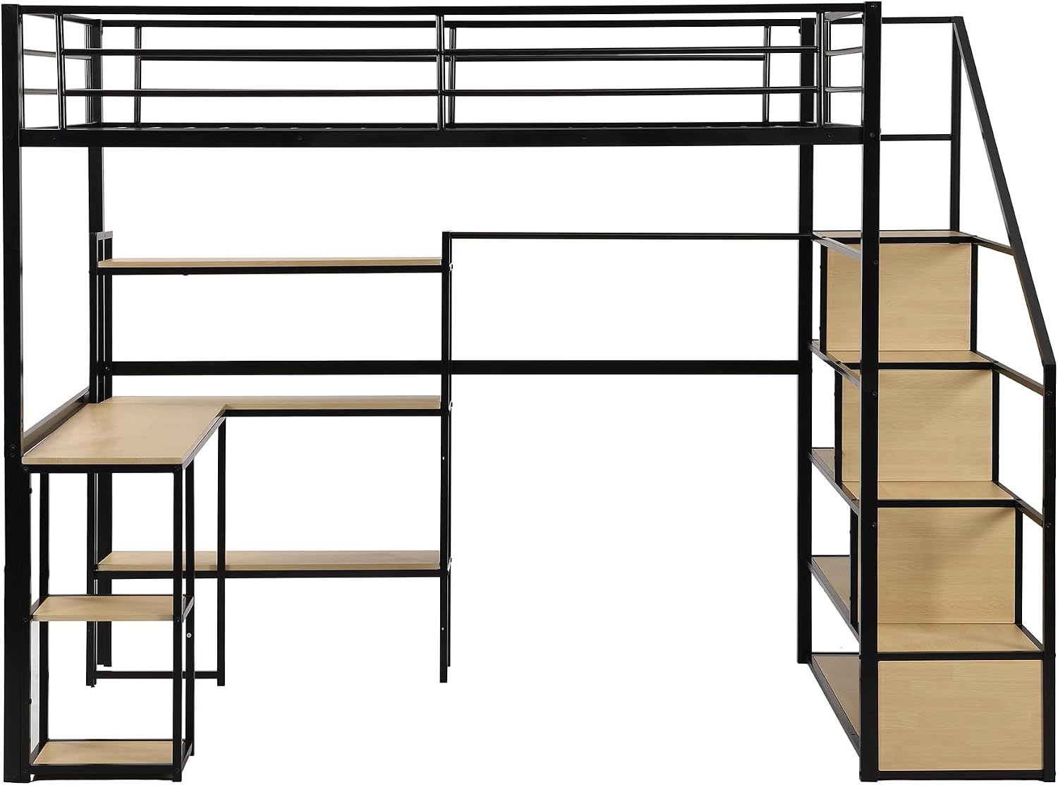 JIVOIT Metal Loft Bed with Storage Staircase, Full Size Loft Bed with Built-in Desk and 3-Tier Storage Shelves, Space-Saving 3 in 1 Design Metal Loft Bed with Guardrails, No Box Spring Needed