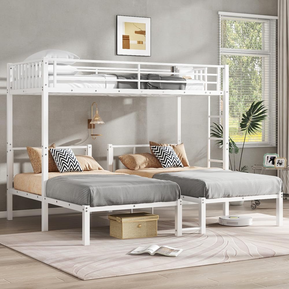 Twin Over Twin & Queen Bunk Bed, with Safety Guardrails,Space-Saving/Noise Reduced,Black (White + Metal)