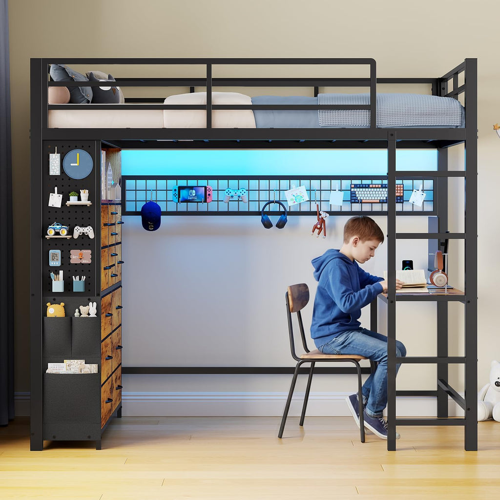 ADORNEVE Twin Loft Bed with Desk,14 Storage Drawers & Power Outlet, Kids Loft Bed Twin Size with LED Lights, Metal Loft Beds with Safety Guardrail & Ladder, Space Saving for Teens, Rustic Brown