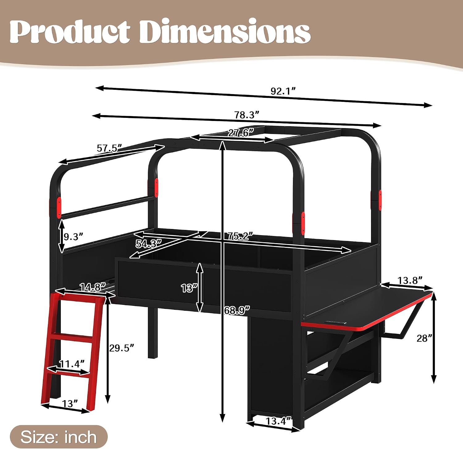 JIVOIT Full Size Metal Loft Bed with Built-in Side Desk, Gaming Style Metal Low Loft Bed with Storage Cabinets, Chic Canopy Design, Easy Assembly
