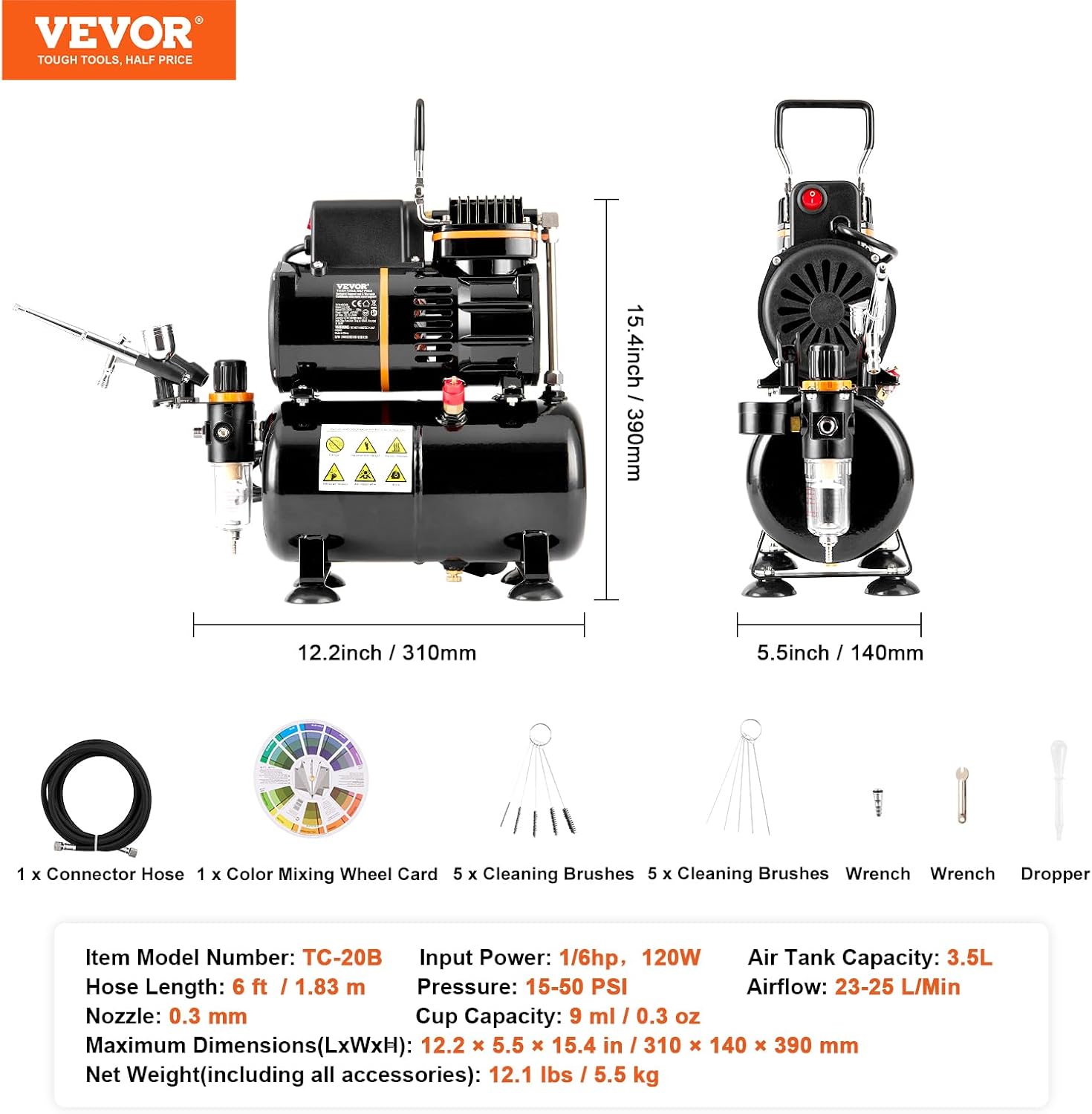 VEVOR Airbrush Kit, Air Brush Set Kit with 3.5L Air Storage Tank, Dual Fan Air Tank Compressor System with 0.3 mm Tip Airbrush, Holder, Color Mixing Wheel, Cleaning Brush Set, Art Nail Cookie Tattoo