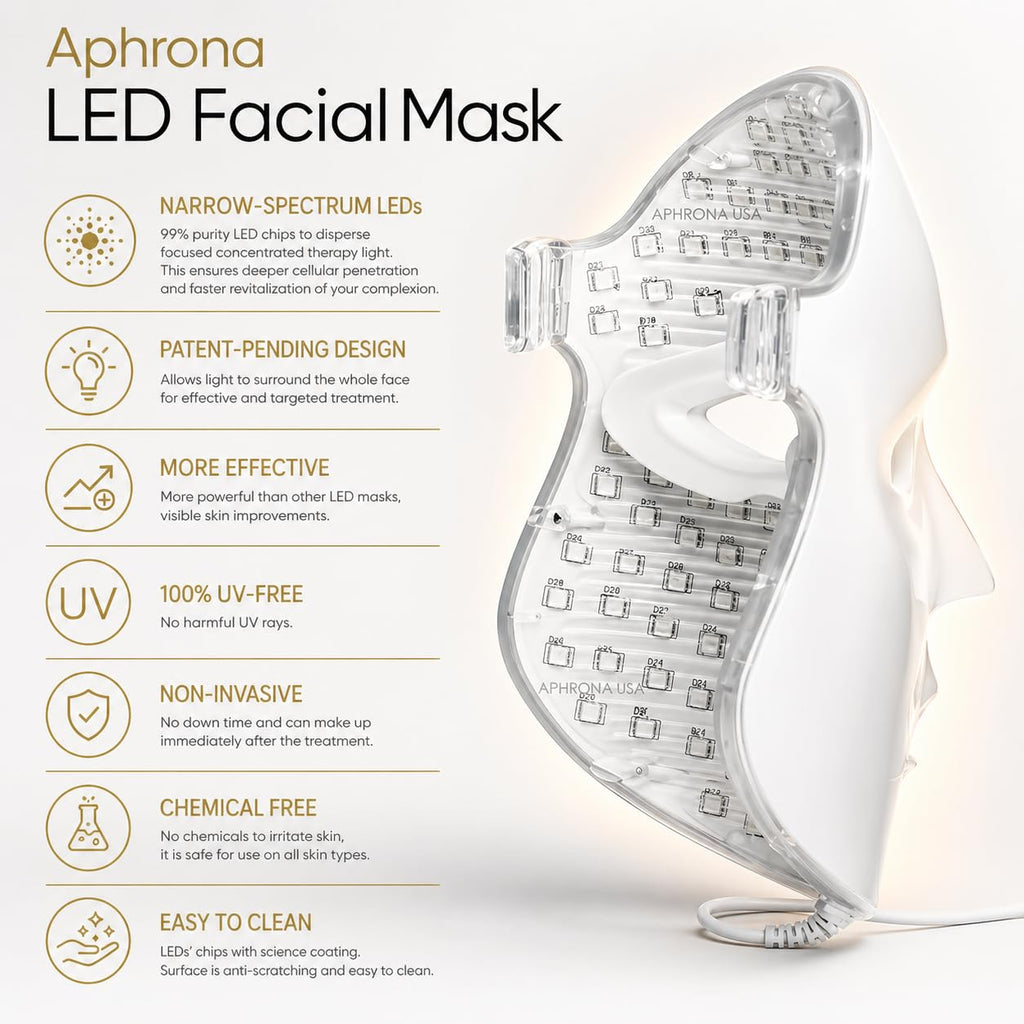 Aphrona FDA cleared LED Facial Mask MOONLIGHT PRO 7 Color Treatment Photon Mask, Red light Blue light for Acne Removal Wrinkle Reduction, led light therapy for face, 450 Powerful LED Chips (White)