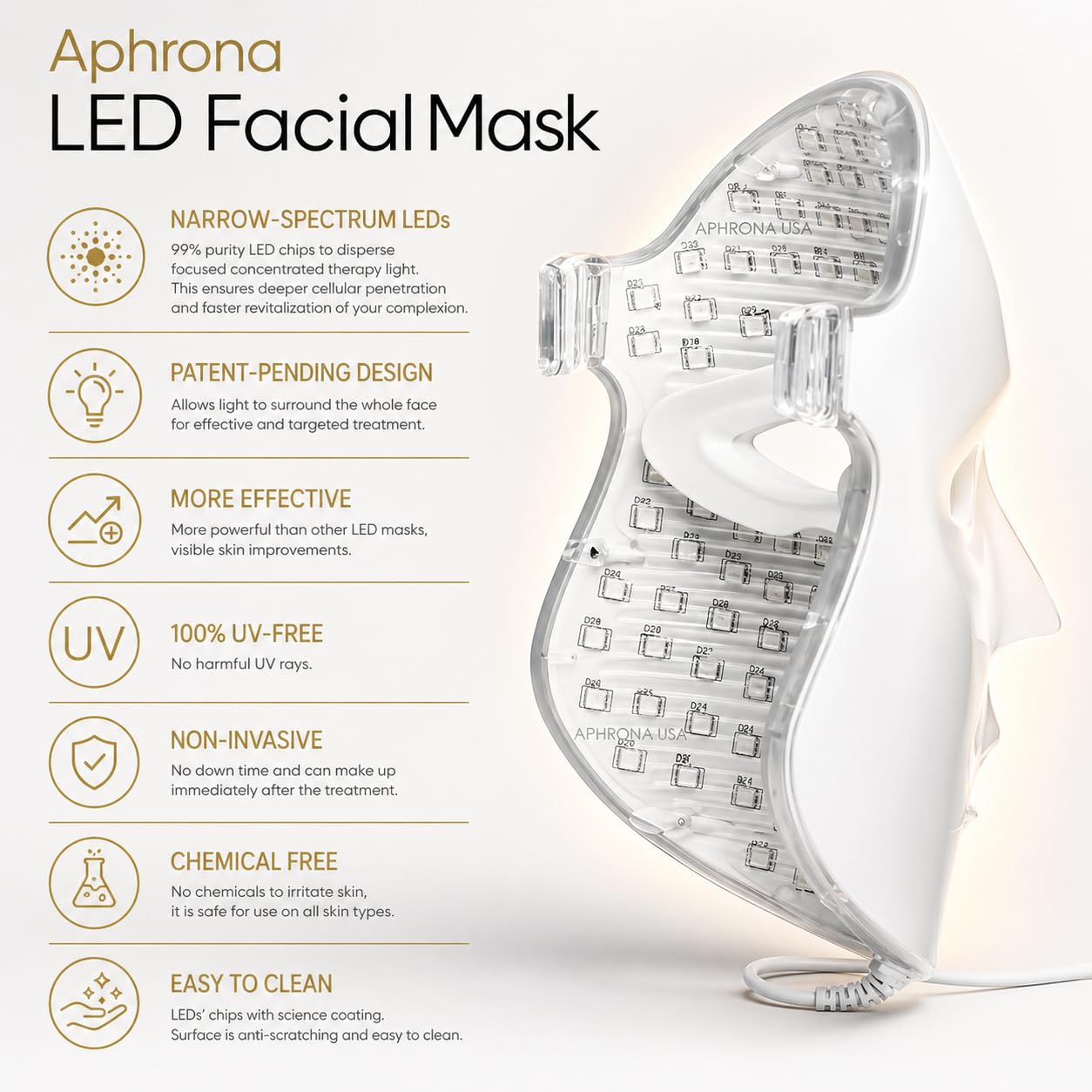 Aphrona FDA cleared LED Facial Mask MOONLIGHT PRO 7 Color Treatment Photon Mask, Red light Blue light for Acne Removal Wrinkle Reduction, led light therapy for face, 450 Powerful LED Chips (White)