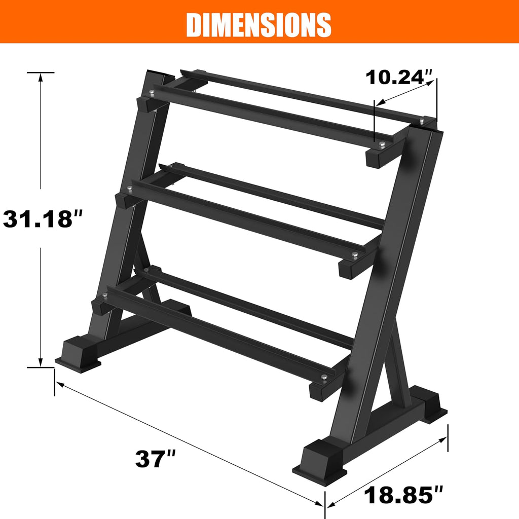 Heavy Duty 3 Tier Dumbbell Rack Stand, 1200LBS Commercial Weight Storage Organizer for Home Gym (Select Frame Type: Kettlebell Flat Tray, All Rails, or Rolling Wheels), Stand Only
