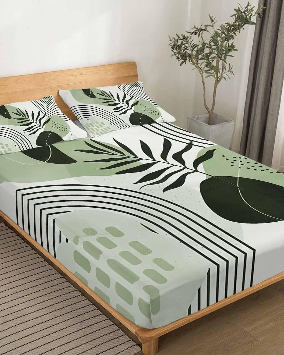 Boho Geometric Cal King Sheet Set 4 Piece Bedding - Farmhouse Green Abstract Stripes Leaves Breathable Comfy Cooling Bed Sheets & Pillowcase Sets, Hotel Luxury Flat Sheets Deep Pockets Fitted Sheet