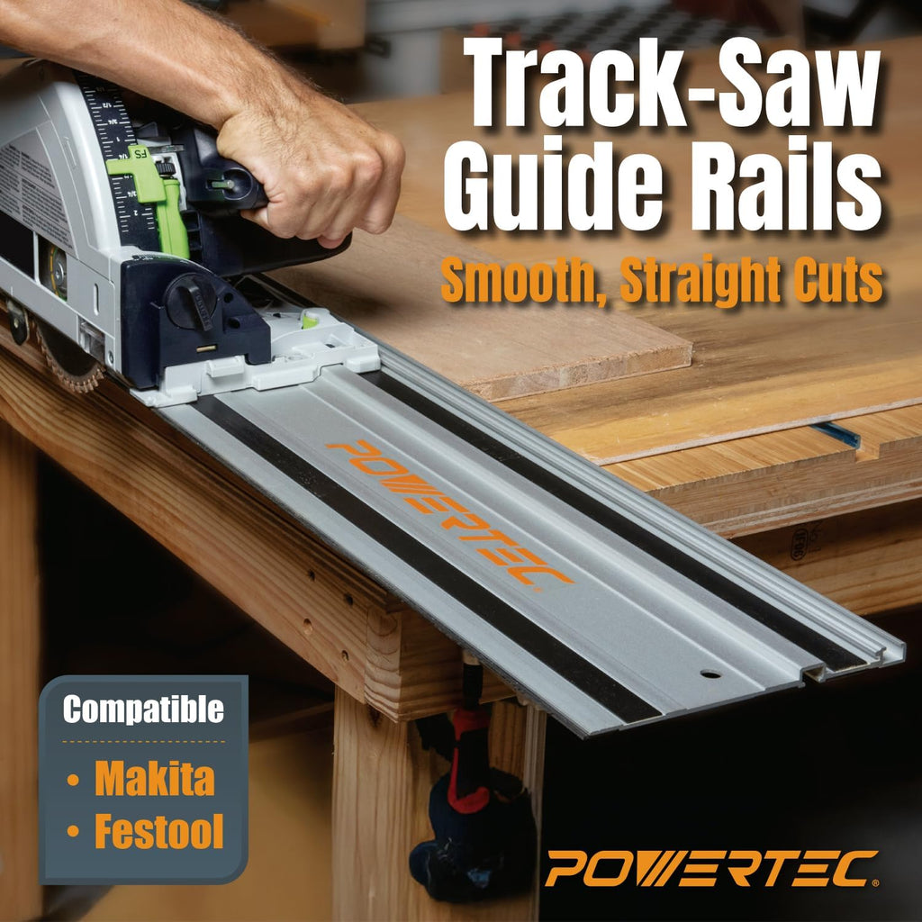 POWERTEC 71387 110' Track Saw Guide Rail Joining Set for Makita or Festool Track Saws Includes 2x55' Extruded Guide Rails and (2) Guide Rail Connectors for Woodworking Projects