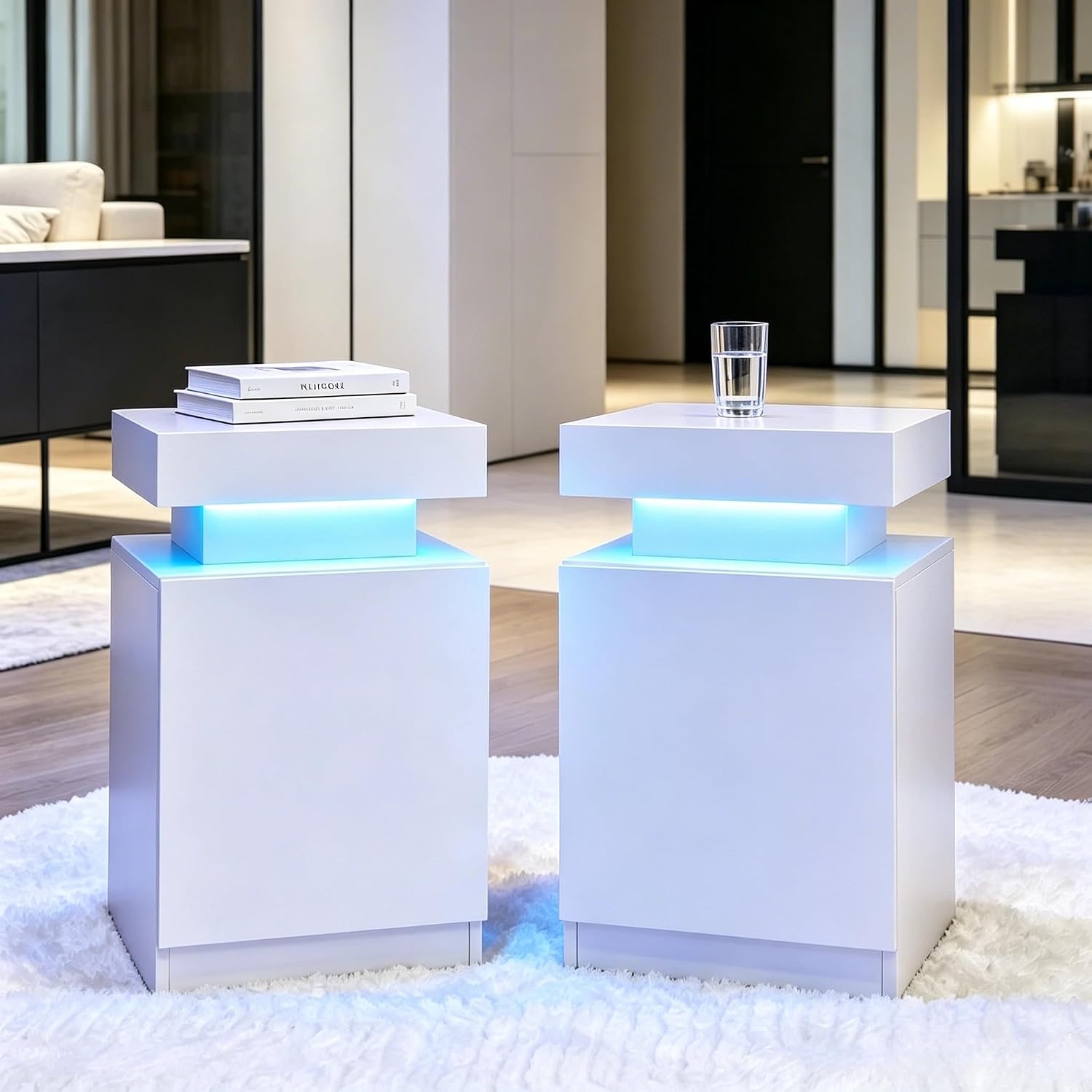 Nightstand with LED Lights Set of 2, 2 Pieces Bedside Tables with Storage Cabinet, Modern End Tables for Bedroom, White
