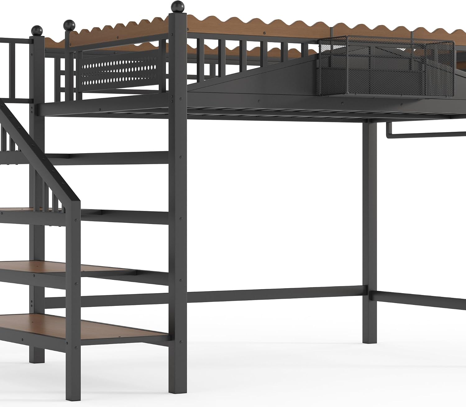 JIVOIT Full Size Metal Loft Bed Frame, Space-Saving Loft Bed with Storage Stairs, Storage Shelves and Bookshelf, Strong Support Slats, Perfect for Bedroom, Guest, Dorms