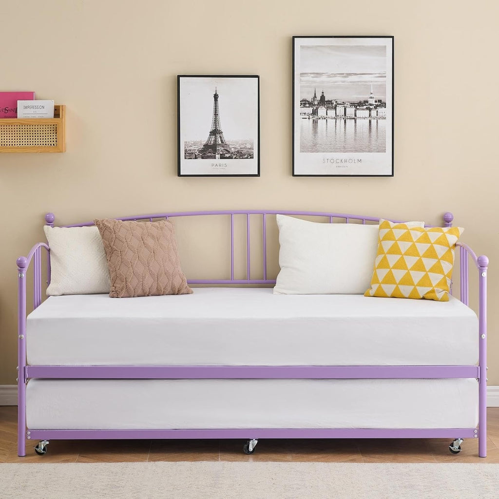 GarveeHome Daybed with Trundle, Sturdy Metal Day Bed with Steel Slat Support, Trundle Bed Twin with Arched Headboard, SofaBed for Living Room, Bedroom and Guest Room, Purple